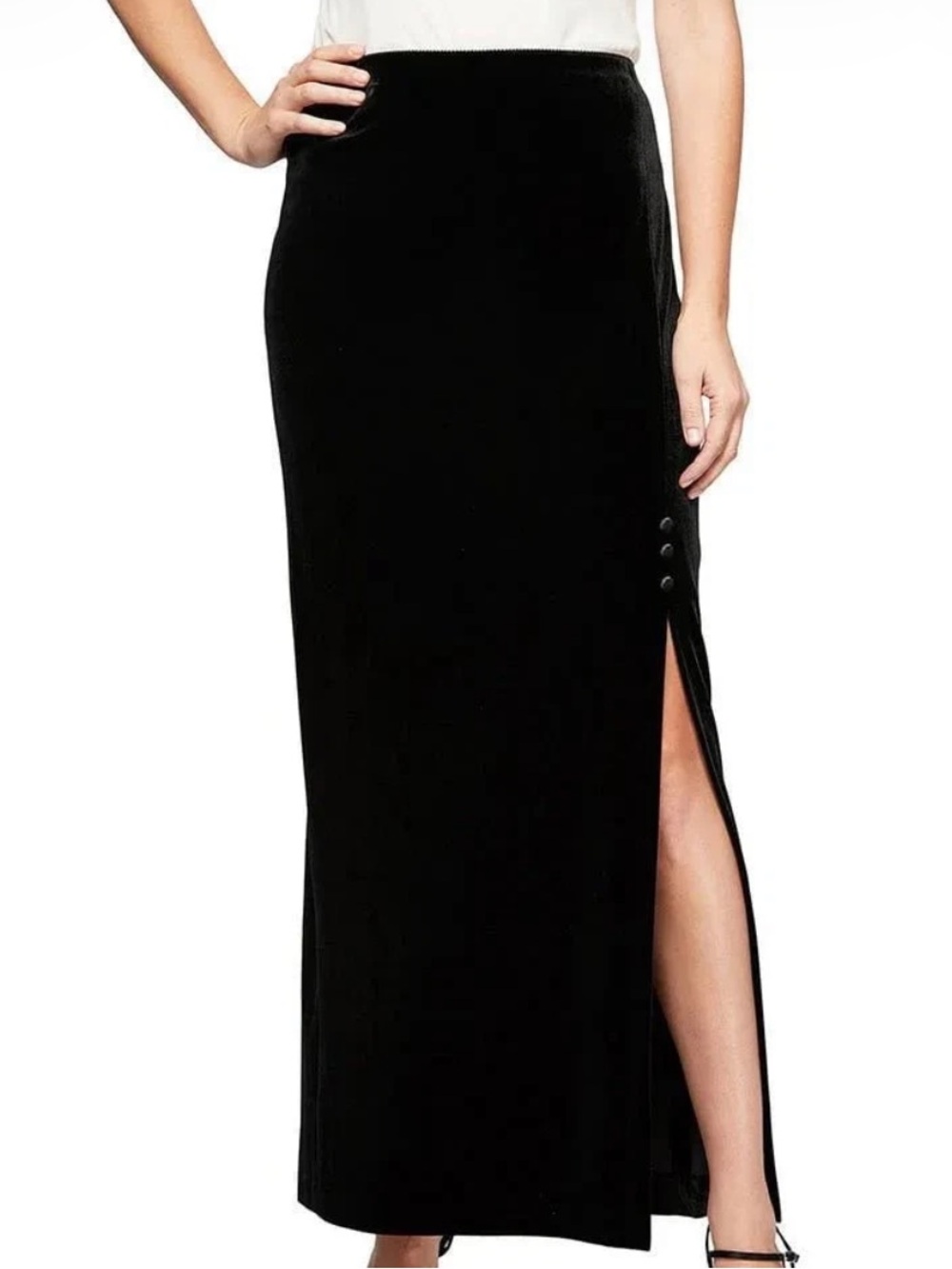 Alex Evenings Skirt Women M Black Velvet Maxi Side Slit Buttons Elastic Waist